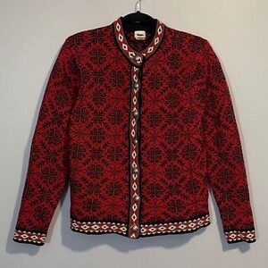 EUC Vintage LL Bean 100% Merino Wool Christmas Fair Isle Cardigan Red S / M fit